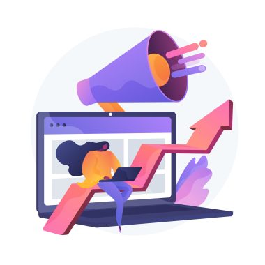 SMM, internet promotion, online advertisement. Announcement, market research, sales growth. Marketer with laptop and loudspeaker cartoon character. Vector isolated concept metaphor illustration.